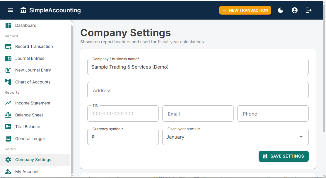 The Company Settings screen