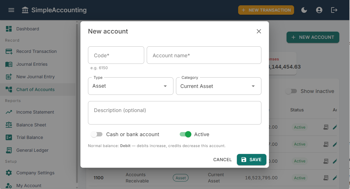 The New account window