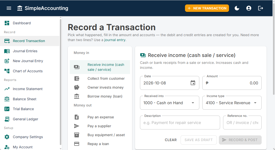 The Record a Transaction screen