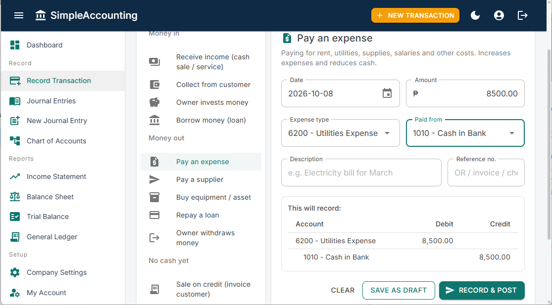 Record a Transaction filled in for the electricity bill