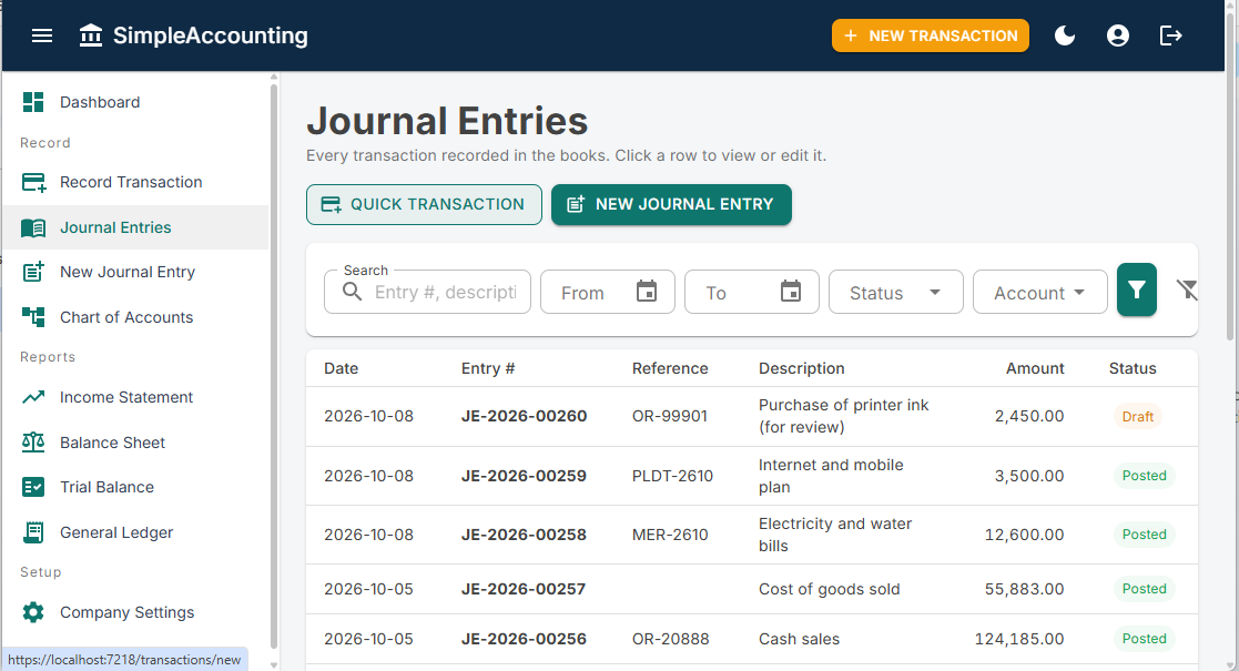 The Journal Entries list